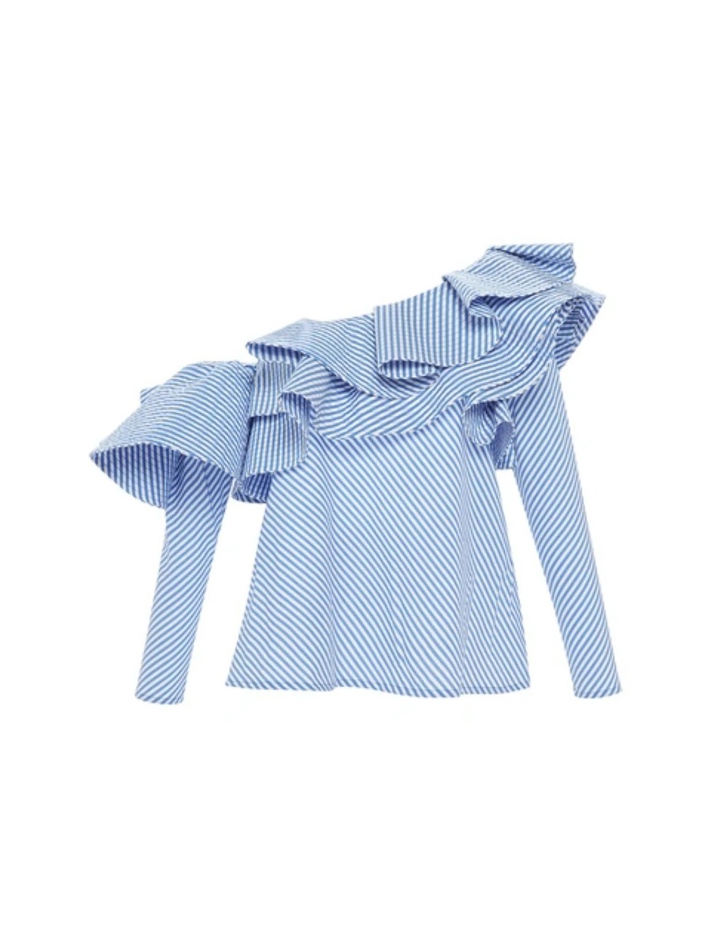 Johanna Ortiz Blue and White Striped One-Shoulder Ruffle Blouse